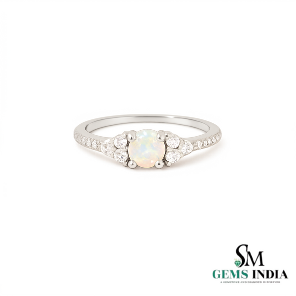 Round Opal Solitaire Ring with Diamond Side Stones - Fine Jewelry Gift