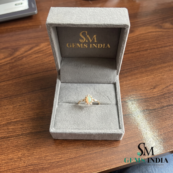 Oval Opal Halo Ring with Diamond - Promise Ring for Women Accents