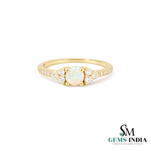 Round Opal Solitaire Ring with Diamond Side Stones - Fine Jewelry Gift