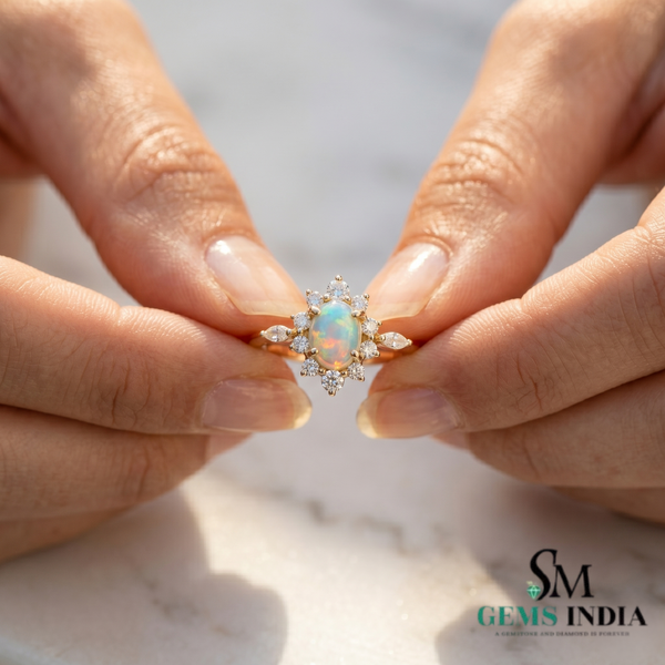 Oval Opal Halo Ring with Diamond - Promise Ring for Women Accents