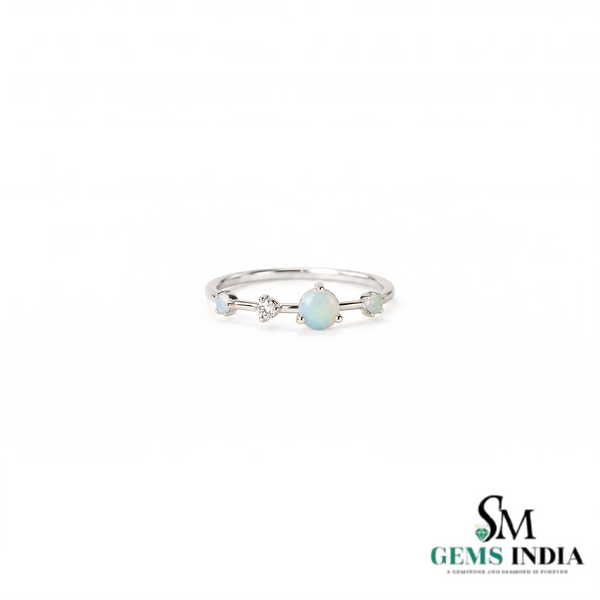 Round Opal & Diamond Engagement Ring - Dainty Opal Promise Ring