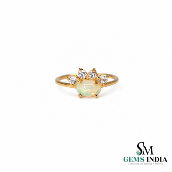 Vintage Oval Opal and Diamond Crown Ring - October Birthstone Jewelry
