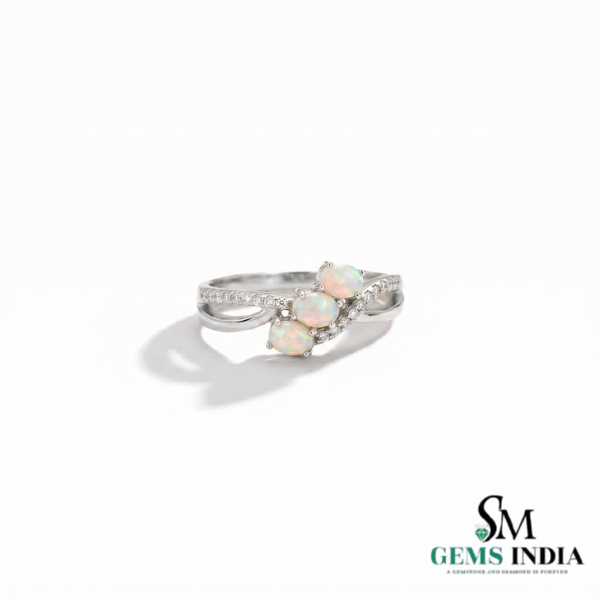 Opal Three Stone Twist Ring with Diamond Accent Band - Engagement Ring For Her