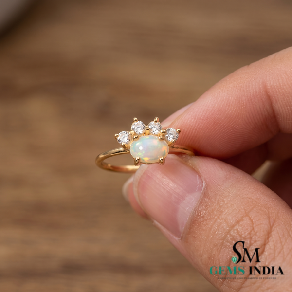 Vintage Oval Opal and Diamond Crown Ring - October Birthstone Jewelry