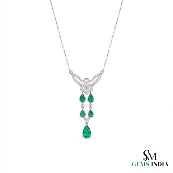 Pear Emerald Drop Pendant Necklace with Diamond Accents - Vintage Statement Jewelry
