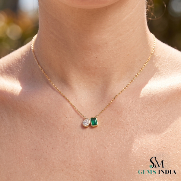 Emerald Cut Emerald & Pear Two Stone Pendant Necklace - Minimalist Gold Necklace