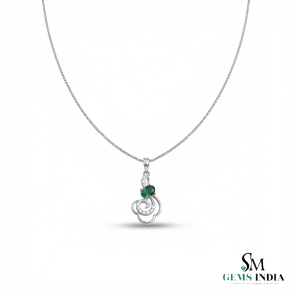 Natural Oval Emerald Floral Pendant With Diamond Accent Swirl - Elegant Gift for Her
