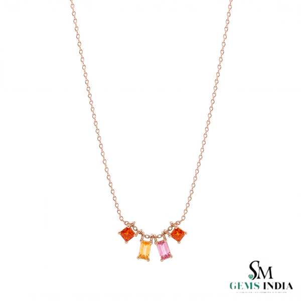 Baguette & Princess Cut Multi Sapphire Rainbow Charm Necklace - Everyday Jewelry
