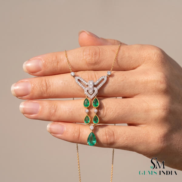Pear Emerald Drop Pendant Necklace with Diamond Accents - Vintage Statement Jewelry