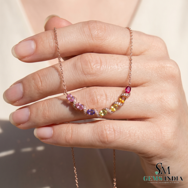 Rainbow Oval Multi Sapphire Diamond Wave Necklace - Fine Jewelry Gift for Her