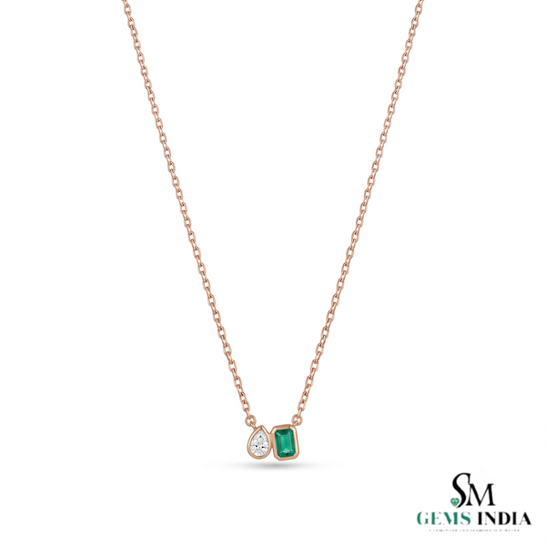 Emerald Cut Emerald & Pear Two Stone Pendant Necklace - Minimalist Gold Necklace