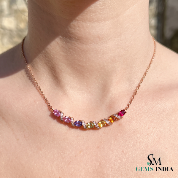 Rainbow Oval Multi Sapphire Diamond Wave Necklace - Fine Jewelry Gift for Her