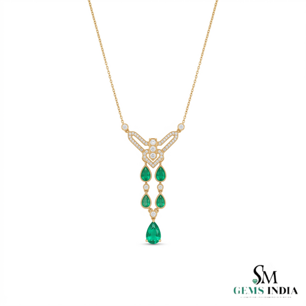 Pear Emerald Drop Pendant Necklace with Diamond Accents - Vintage Statement Jewelry
