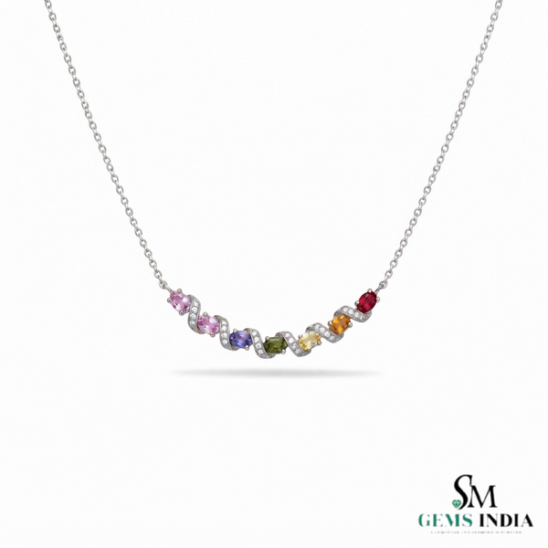 Rainbow Oval Multi Sapphire Diamond Wave Necklace - Fine Jewelry Gift for Her