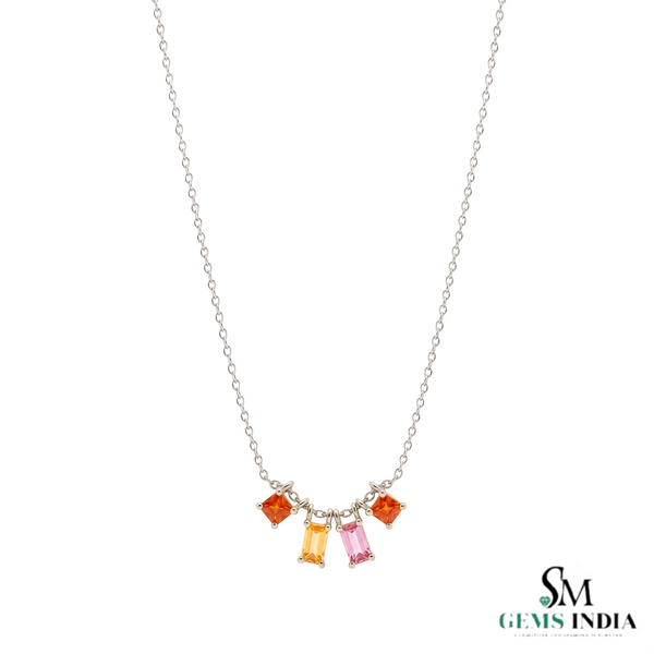 Baguette & Princess Cut Multi Sapphire Rainbow Charm Necklace - Everyday Jewelry