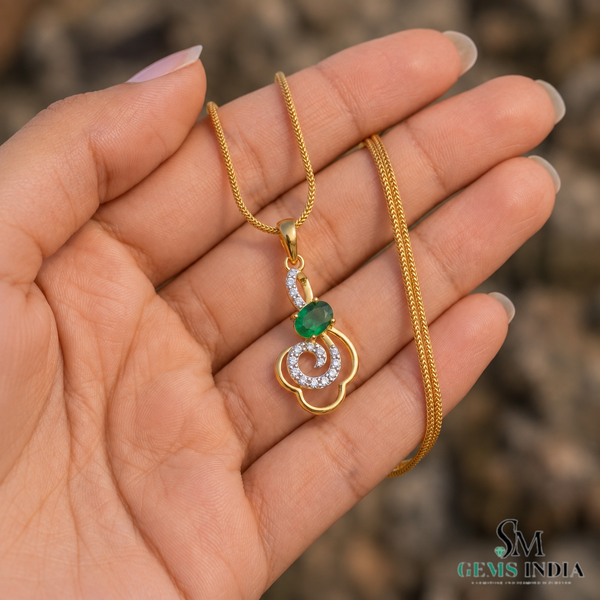 Natural Oval Emerald Floral Pendant With Diamond Accent Swirl - Elegant Gift for Her