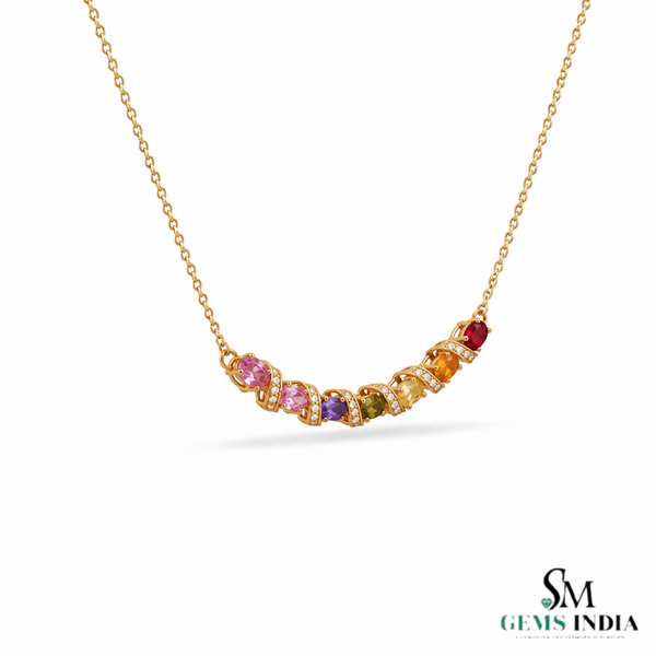 Rainbow Oval Multi Sapphire Diamond Wave Necklace - Fine Jewelry Gift for Her