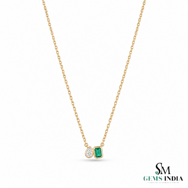 Emerald Cut Emerald & Pear Two Stone Pendant Necklace - Minimalist Gold Necklace
