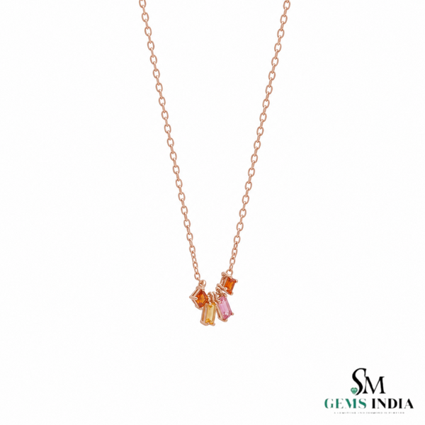Baguette & Princess Cut Multi Sapphire Rainbow Charm Necklace - Everyday Jewelry