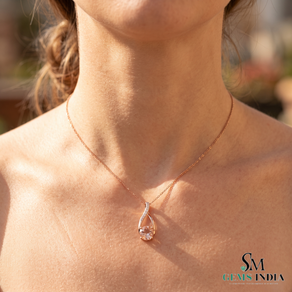 Round Cut Morganite And Diamond Pendant with Twisted Design - Anniversary Gift