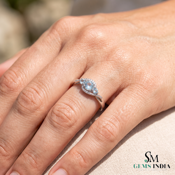 Round Cut Aquamarine with Diamond Accent Wave Band Ring - Classic Birthstone Jewelry