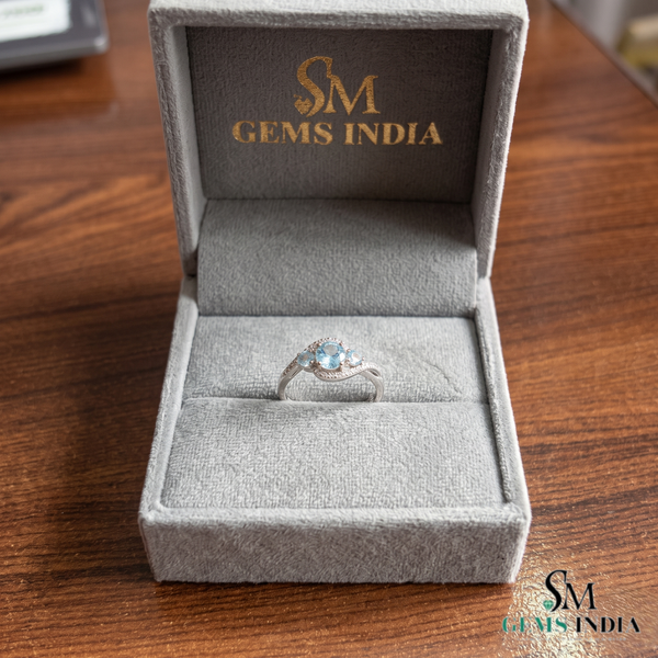 Round Cut Aquamarine with Diamond Accent Wave Band Ring - Classic Birthstone Jewelry
