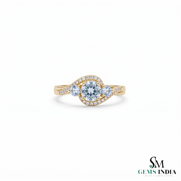 Round Cut Aquamarine with Diamond Accent Wave Band Ring - Classic Birthstone Jewelry