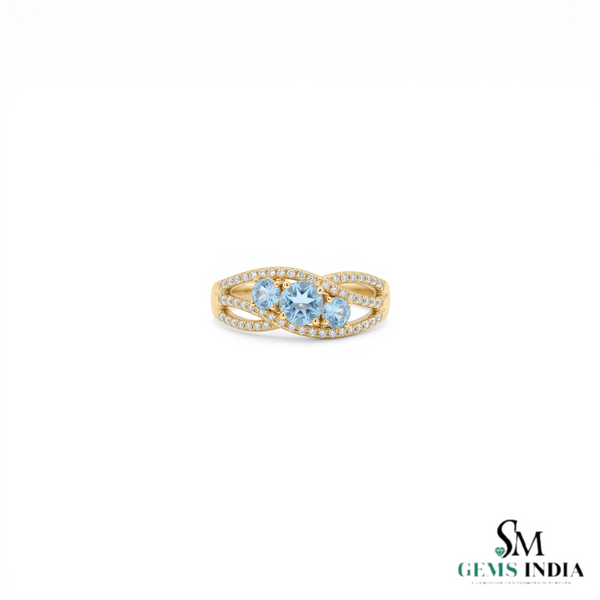 Elegant Triple Round Aquamarine And Diamond Ring - Three Stone Gemstone Ring
