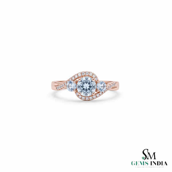 Round Cut Aquamarine with Diamond Accent Wave Band Ring - Classic Birthstone Jewelry