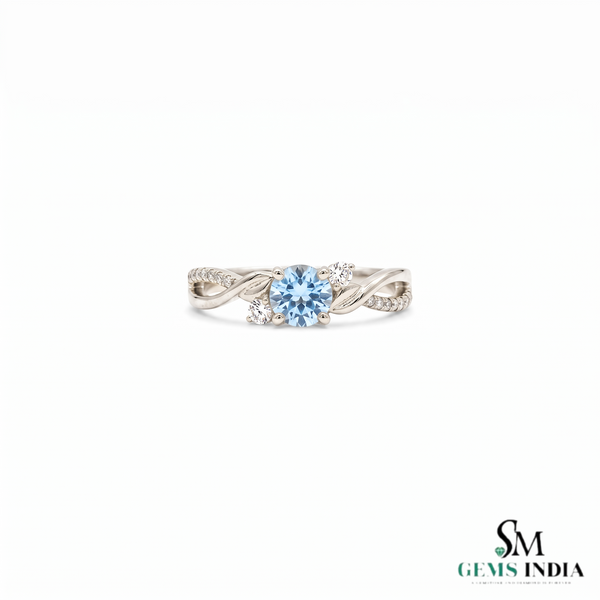 Round Blue Aquamarine Gemstone Twist Ring - Statement Ring For Her
