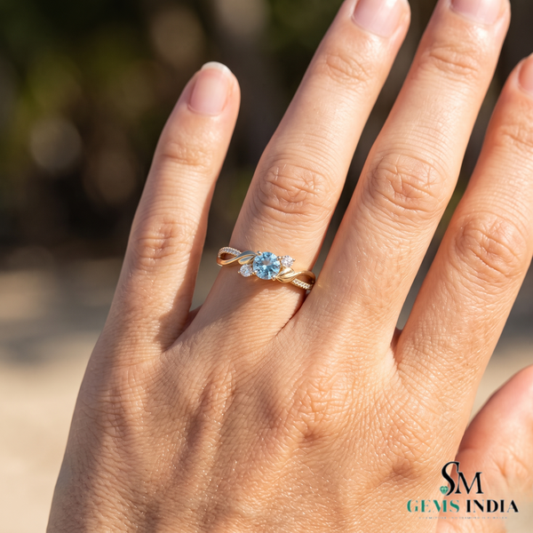 Round Blue Aquamarine Gemstone Twist Ring - Statement Ring For Her