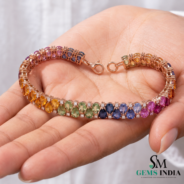 Rainbow Pear Multi Sapphire Tennis Bracelet -Luxury Statement Jewelry Gift for Women