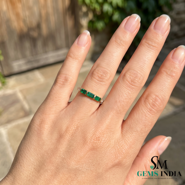 Elegant Three Stone Baguette Emerald Ring in 14k Gold