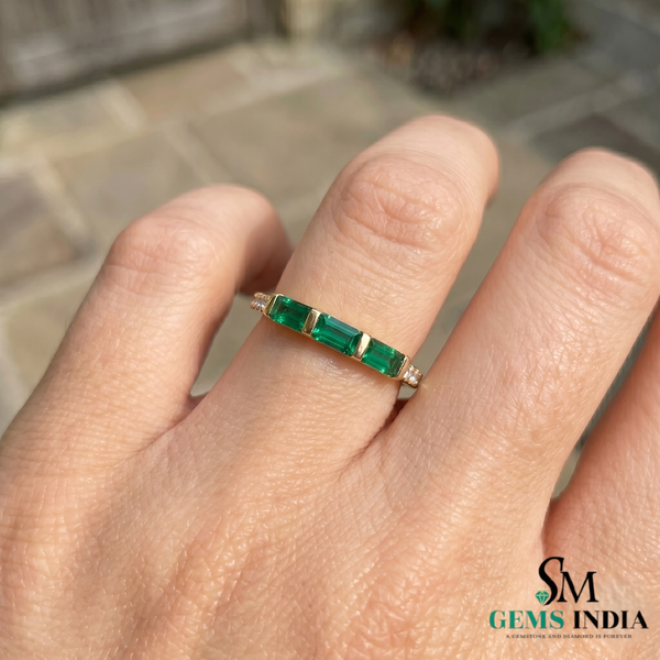 Elegant Three Stone Baguette Emerald Ring in 14k Gold