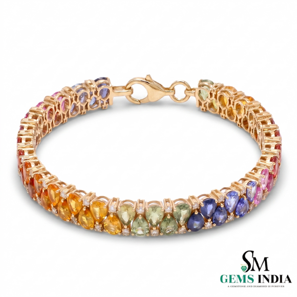 Rainbow Pear Multi Sapphire Tennis Bracelet -Luxury Statement Jewelry Gift for Women