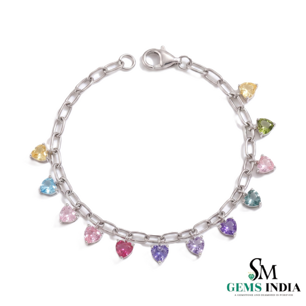 Pastel Heart Charm Bracelet – Multicolor Gemstone Dangle Chain Bracelet for Women