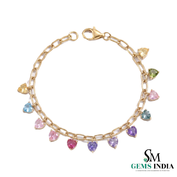 Pastel Heart Charm Bracelet – Multicolor Gemstone Dangle Chain Bracelet for Women