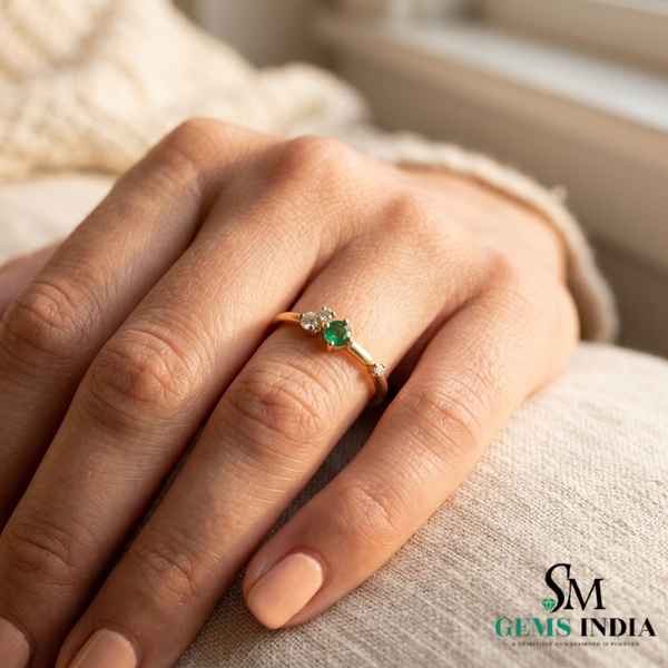Dainty Round Emerald Diamond Ring – Minimalist Stackable Emerald Ring for Women
