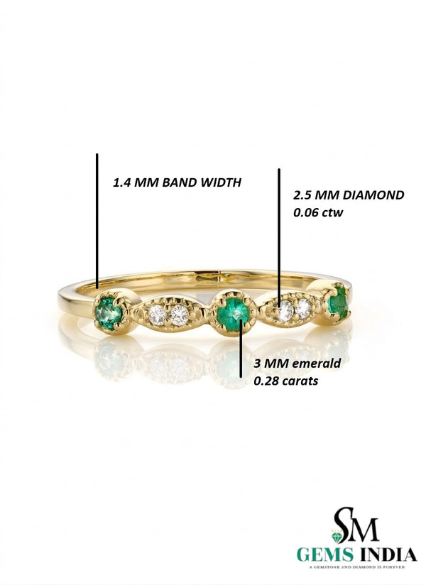 Vintage Round Natural Emerald Diamond Stackable Ring – Fine Gold Wedding Band
