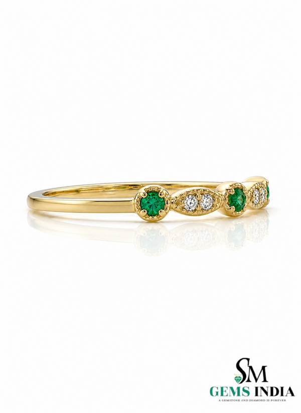Vintage Round Natural Emerald Diamond Stackable Ring – Fine Gold Wedding Band