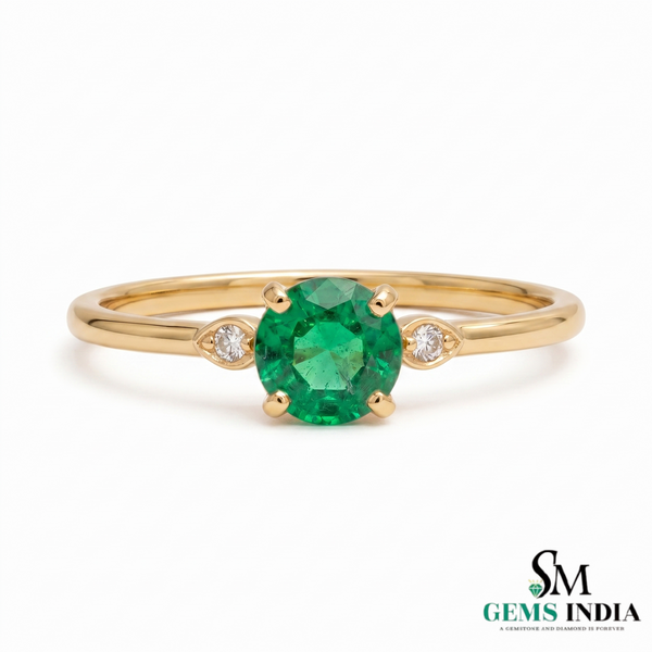 Elegant Round Emerald and Diamond Ring - Classic Emerald Engagement Ring