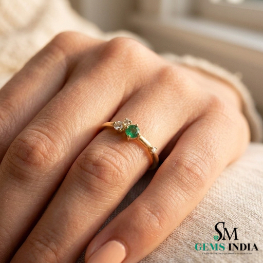 Dainty Round Emerald Diamond Ring – Minimalist Stackable Emerald Ring for Women