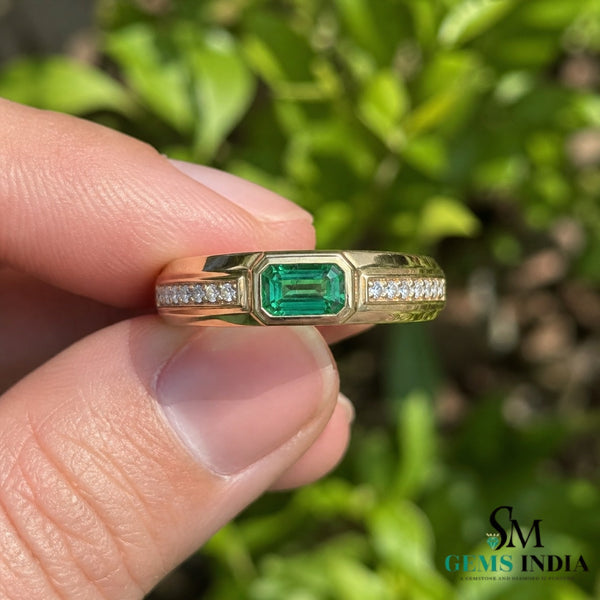 Men’s Emerald Cut Green Emerald and Diamond Ring in 14K Yellow Gold - Fine Jewelry Gift