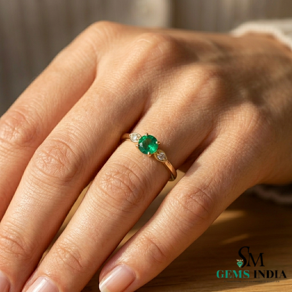 Elegant Round Emerald and Diamond Ring - Classic Emerald Engagement Ring