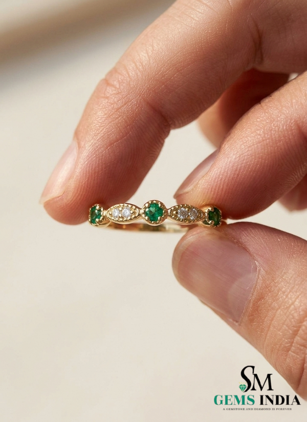 Vintage Round Natural Emerald Diamond Stackable Ring – Fine Gold Wedding Band
