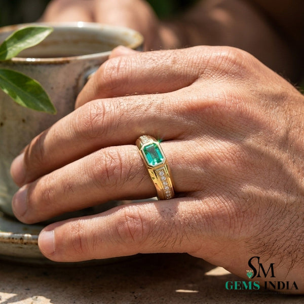 Men’s Emerald Cut Green Emerald and Diamond Ring in 14K Yellow Gold - Fine Jewelry Gift