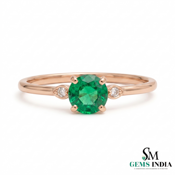 Elegant Round Emerald and Diamond Ring - Classic Emerald Engagement Ring