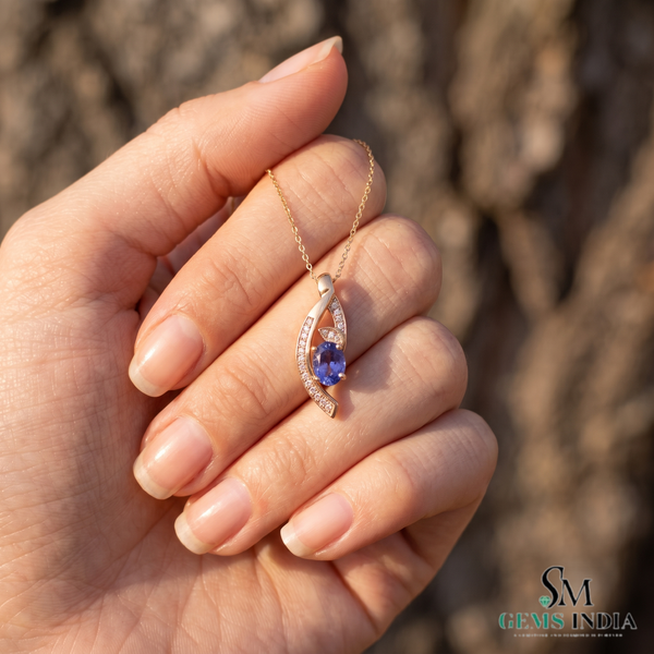 Oval Tanzanite Leaf Pendant With Diamond Accents – Romantic Gift For Wife & Girlfriend