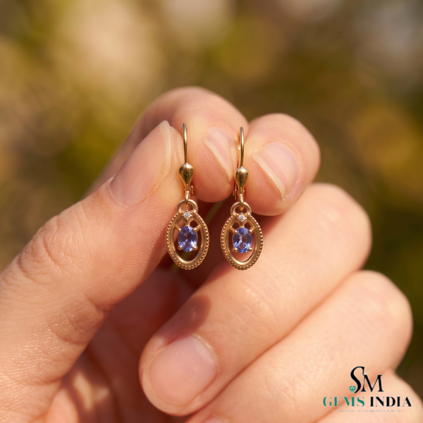 Oval Tanzanite Drop Earrings With Diamond Accent – Elegant 14K Gold Fine Jewelry