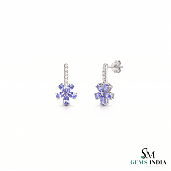 Tanzanite Flower Dangle Earrings With Diamond – Luxury Earrings Gift For Her